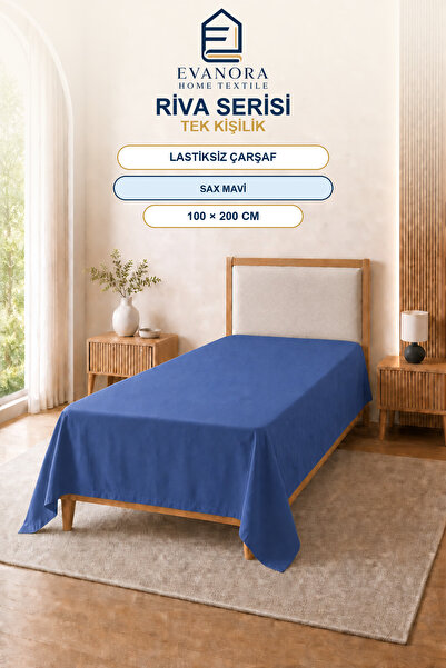 evonora Riva Series Saks Blue Cearșaf plat elastic pentru o persoană 100x200 cm