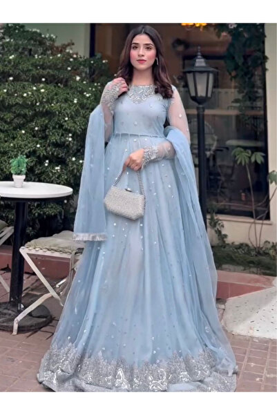 MYSMAR Blue Faux Gorgette Gown - HRT7114-Blue-Size:2XL-44-Inches