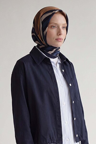 Levidor Navy Blue Stripe Detailed Twill Silk Scarf