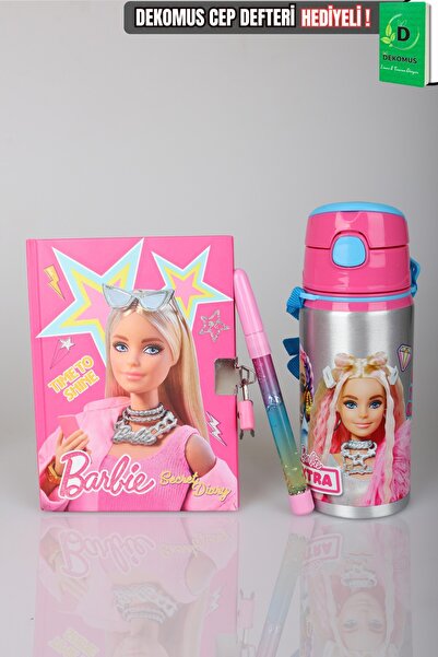 Barbie x Dekomus Lisanslı Hatıra Defteri,Simli Kalem ve 500 ML Matara Seti