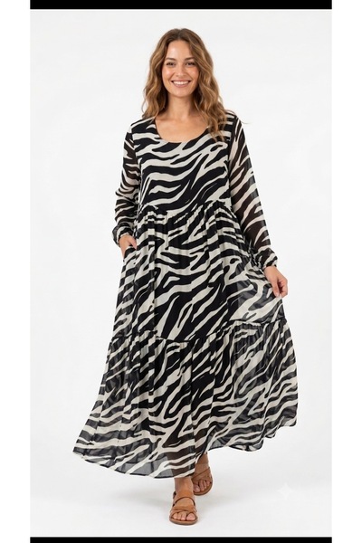Cb Made In Italy İtalyan İpek Zebra Desenli Dökümlü Elbise Standart Beden (38...