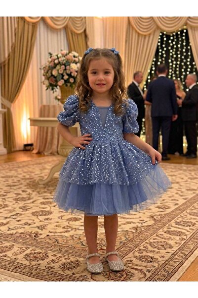 Merdia Kids Girl's V-Neck Front Tulle Detailed Sequined and Beaded Embroidere...