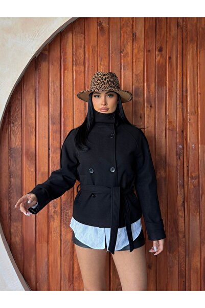 VESS MODA Kadın Kaşe Kısa Trençkot Dik Yakalı Kuşaklı Kısa Kaşe Kaban