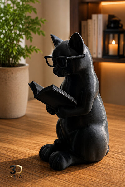 3DOria Kitap Okuyan Gözlüklü Kedi Biblo - 3D Baskı Dekoratif Kedi Heykeli - K...