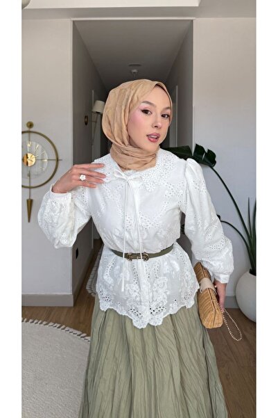 Nes Moda Kadın Bebe Yaka Detaylı Fisto Dantel Tesettür Gömlek Tunik