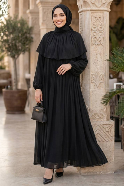 N.S NEVA STYLE Cape Detailed Gathered Janjan Chiffon Black Hijab Evening Dres...