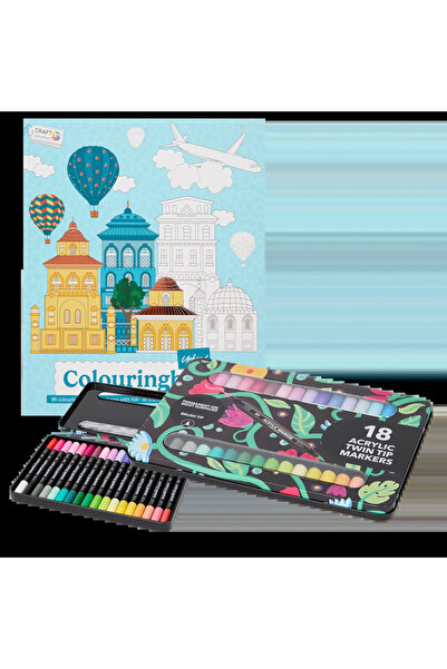 Decotime Set Carte de Colorat Antistres Urban + 36 Markere Acrilice, 96 pagini