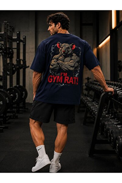 ZAVIXO Oversize Erkek Spor Tişört Gym Rat Baskılı Premium Pamuk Fitness Antre...
