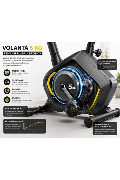 EcoFit Bicicleta fitness magnetica pentru acasa 510 B, volanta 5 kg, sistem silentios, 8 niveluri de rezistenta, display LCD, puls, sa reglabila, utilizator max. 110 kg