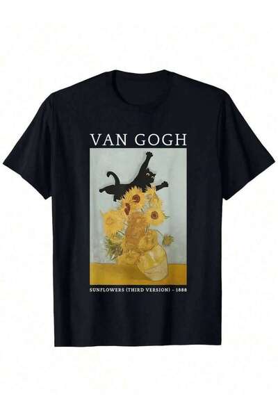 LİNA06 Vinis Gogh Inspired Cat Sunflower Van Text Floral Illustrations T-Shir...