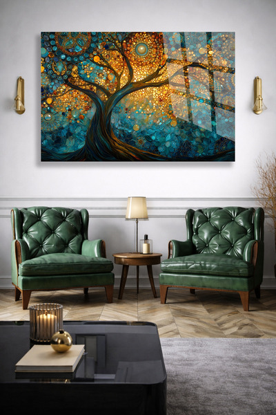TAULART Unbreakable Glass Table Turquoise Gold Life Tree Precious Stone Looki...