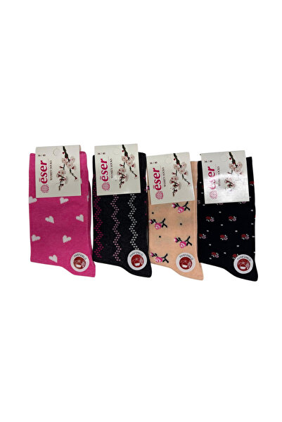 Eser Çorap 12 Pairs of Women's Cotton Socks with Pattern in Fuchsia, Black, Y...