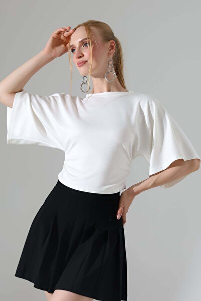 ModaPlaza Women's Soft Textured Sleeve Wide Mouth Gathered Side Blouse 22360