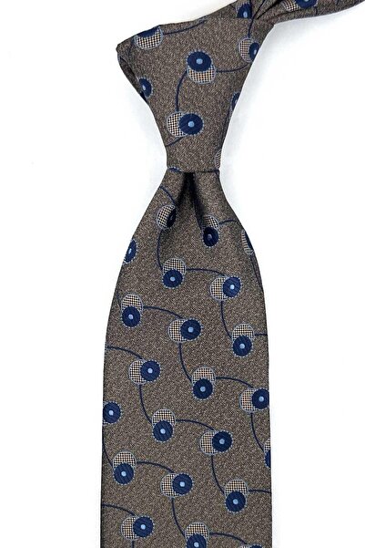 Kravatkolik Beige Navy Blue Motif Pattern Classic Tie with Handkerchief Kk13978