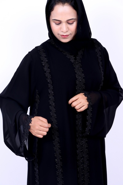Izzah Bella Elegant Black Chiffon Embroidered Lace Abaya