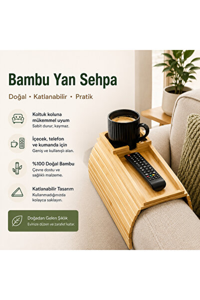 sengenegel Bambu Koltuk Kolu Sehpası Katlanabilir Yan Sehpa – Bardaklık ve Kumandalık Bölmeli Doğal Bambu Kolçak Sehpası