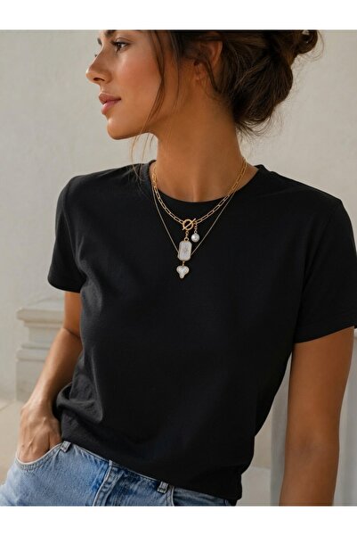 ATALYA ACCESSORY Women's Black Basic T-Shirt |   Pearl Enamel Detailed Gold C...