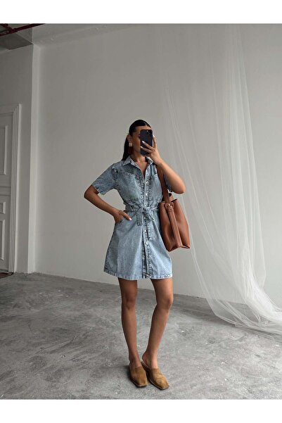 myd Tie-Up Mini Denim Dress - Ice Blue