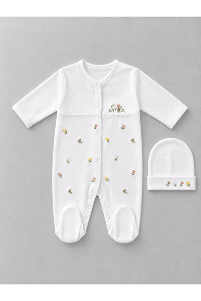 My Babies Label Premium Embroidery Detailed Newborn Footed Jumpsuit and Beani...