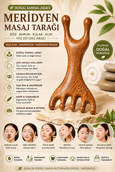 CNGZSHOP Sandal Ağacı Meridyen Masaj Tarağı Gua Sha Akupresür Yüz Boyun Göz Kulak Gıdık Kafa Masaj ve Yüz Det