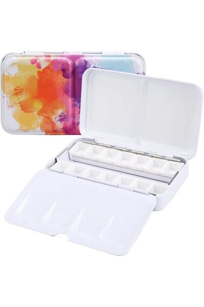 STARSTAR 14-Compartment Half-Color Watercolor Paint Box Enameled Metal Foldab...