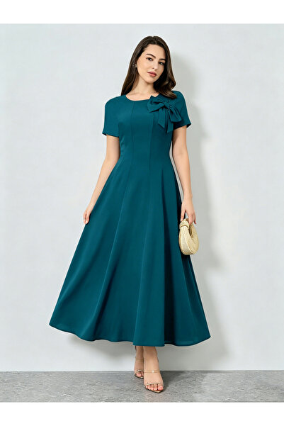 Styli Blue Bow Detail A-Line Midi Dress