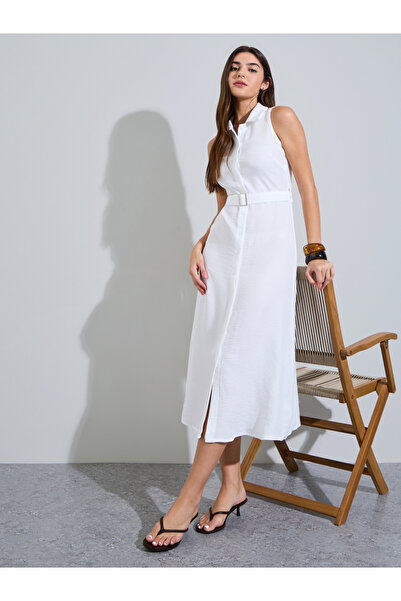 Styli White Sleeveless Belted Shirt Midi Dress
