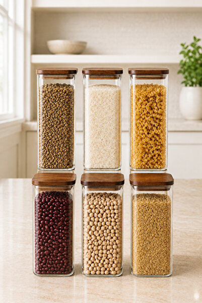 Karçiçeği Home 6'Lı Akasya Kapaklı 1150ml Vakumlu Kare Borosilikat Cam Erzak Saklama Kabı - 8461-2