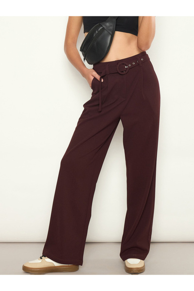 Sassafras By Styli Burgundy Front Pleat Belted Straight Trousers