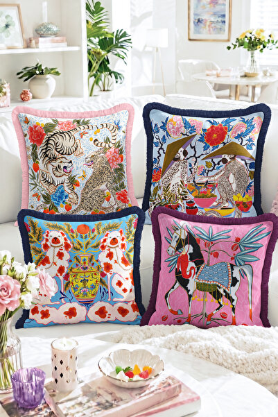 Realhomes Set of 4 Fringed Throw Pillow Covers with Tiger, Leopard, Greyhound...