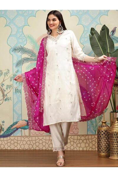 Ishin By Styli 3-Piece Viscose Blend Tunic, Straight Fit Pants and Dupatta Set