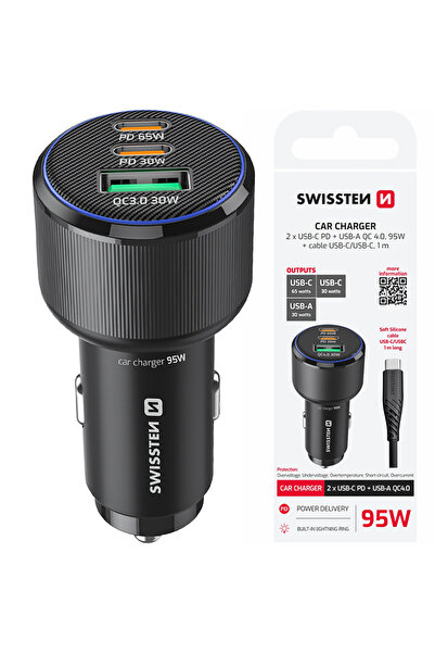 SWISSTEN ÎNCĂRCĂTOR AUTO + CABLU USB-C 1m 2x USB-C PD + USB-A 95W