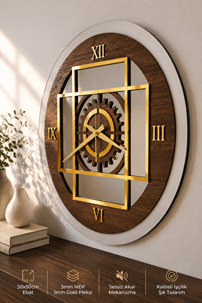 acargrafik Gold Pleksi Dekoratif Duvar Saati 50x50 cm Ahşap MDF