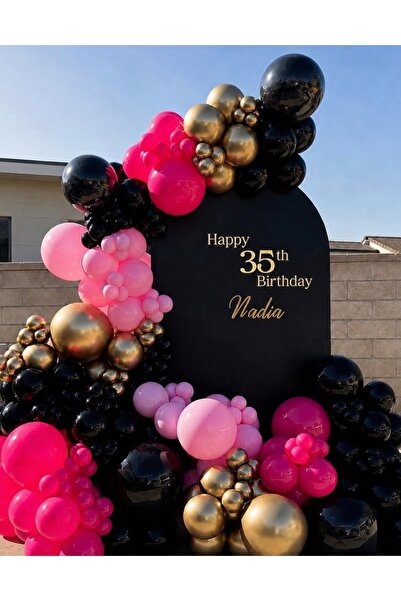 Çemrek Süs Parti Fuchsia Pink Black Gold Chrome Balloon Chain Set of 100