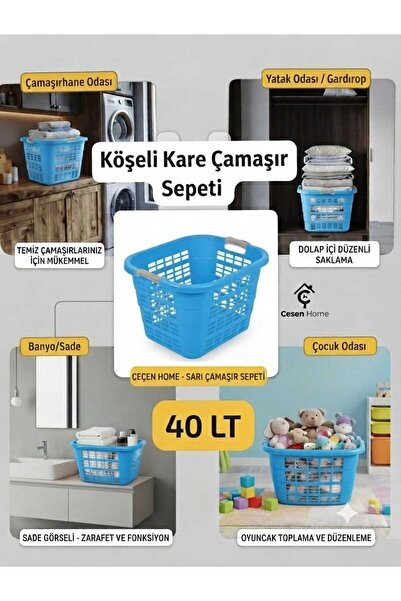 ÇEÇEN HOME (1 Adet) Köşeli Kare Çamaşır Sepeti 40Litre Kare Çamaşır Selesi , ...