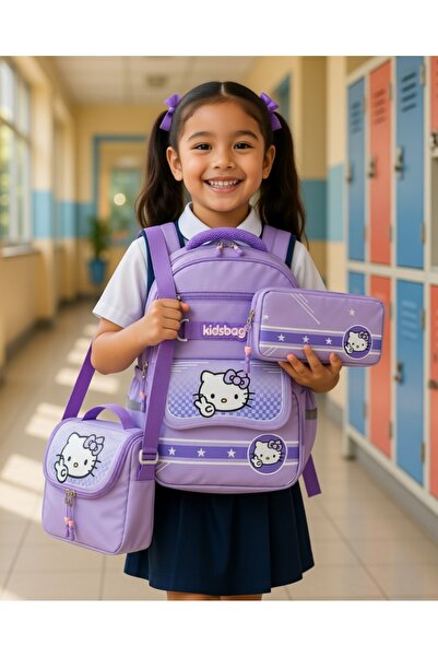 KY A+ Quality Girl Kitty Cat Lilac Primary School Orthopedic 3-Piece Set with...