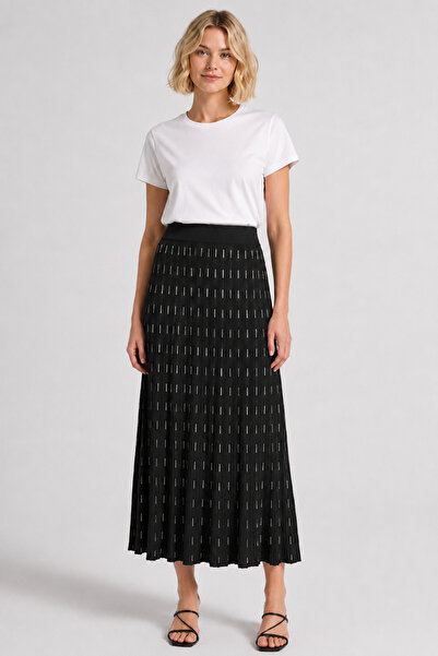 bihan store Women's Pleated Patterned Flowy Maxi Skirt Y26-32478-Black