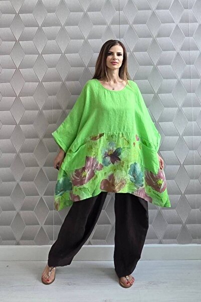 MAXORA SHOP Bluza oversize din in 100% Flory - Verde