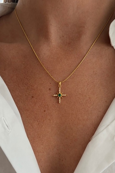 Lavian Accessories Çelik Kuzey Yıldızı Zirkon Taşlı Yeşil Kolye