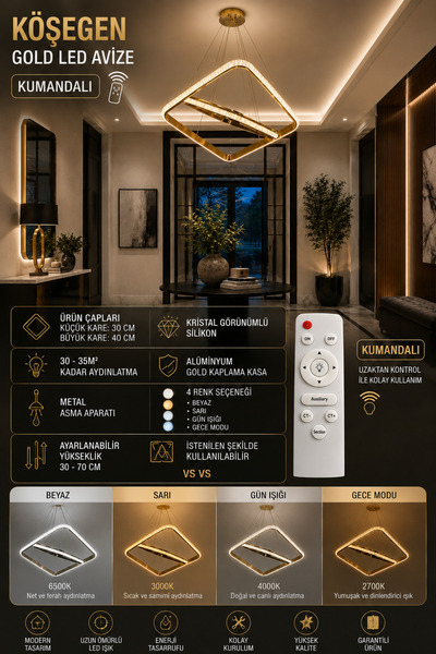 mubeda aydınlatma Köşegen Gold LED Avize - 4 Renk Aydınlatma Seçeneği (KUMAND...