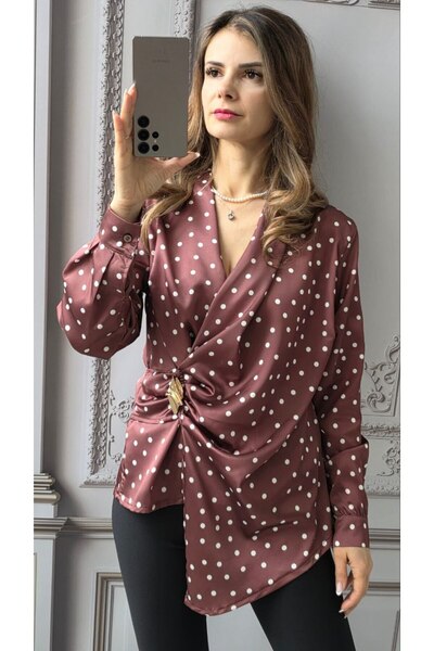 MAXORA SHOP Camasi asimetrice din satin cu brosa detasabila Aurelia - Roz