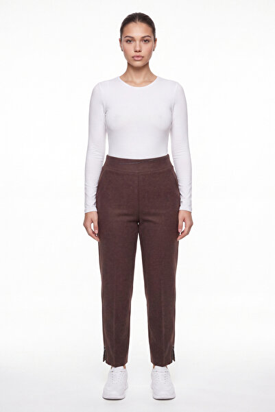 EXİTLİNE Women's Brown Winter High-Waisted Trousers with Stone Detail on the ...