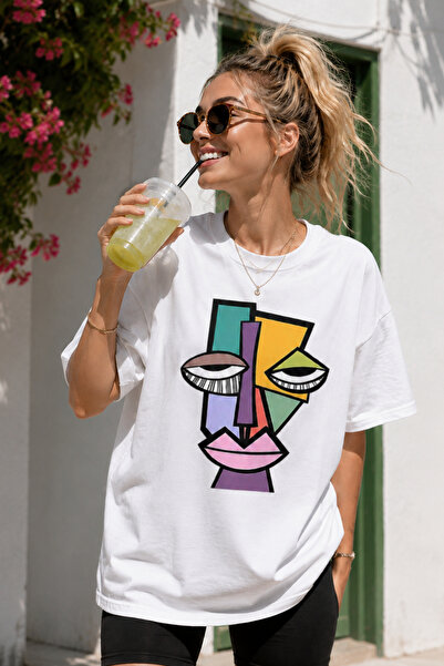 ArtYus Modern Abstract Face Print Crew Neck Casual Unisex Oversize T-Shirt - ...