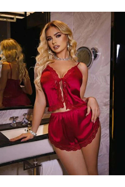 SS HOME CONCEPT Burgundy Lace Embroidered Thin Strap Front Tie Satin Shorts Set