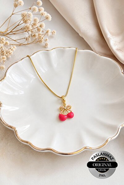 Lynare 316 L Stainless Steel Necklace with Cherry Figure and Bow Detail