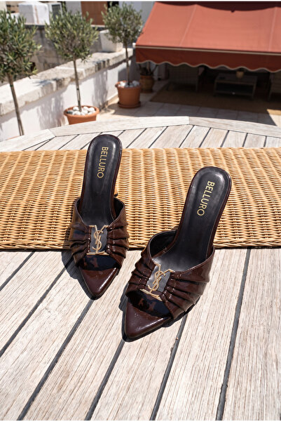Belluro Women's Bitter Brown Skin Gold Buckle Pointed Toe Heeled Slippers