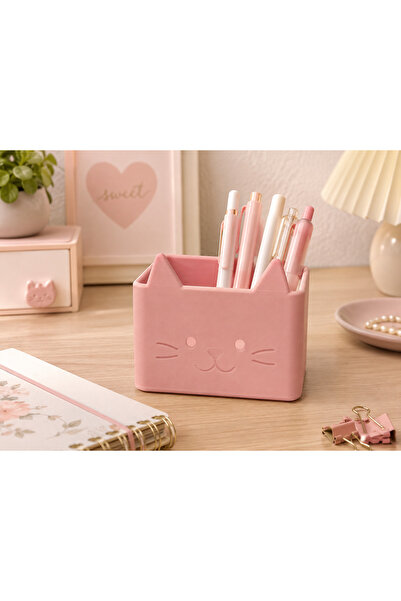 Eilo Pink Pen Holder Desktop Organizer with Cat Figure