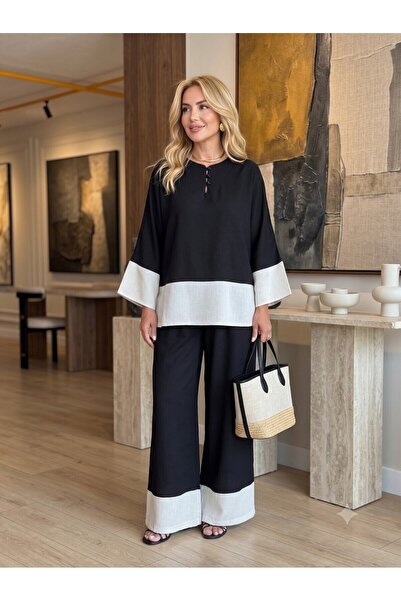 Hazinedan Women's Collared Buttoned Linen Viscose Garnished Blouse and Pants Set