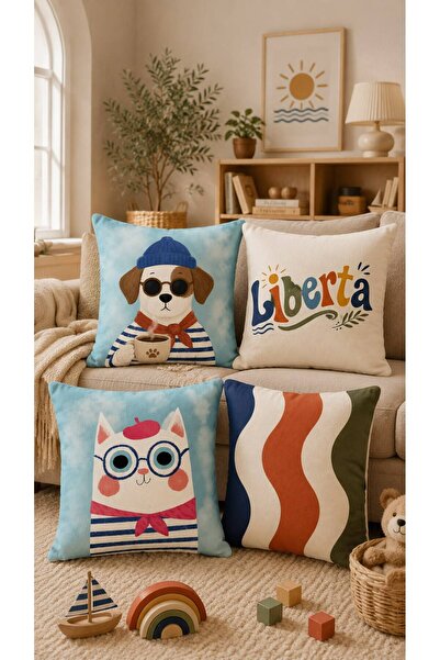 Sakallı Set of 4 Cute Animal Themed Decorative Throw Pillow Covers