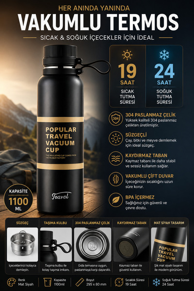 Ecuy Stainless Steel 1100 ml Vacuum Thermos Matte Black Leak Proof Double Lay...